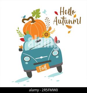 Vektor Herbstgrußkarte mit Auto und Kürbis, fallenden Blättern und Text Hallo Herbst . Stock Vektor