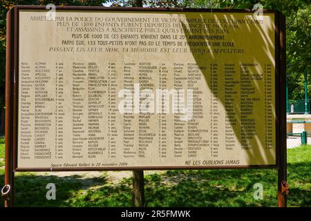 Platz Edouard-Vaillant, Gedenkstätte für die jüdischen Kinder des 20. Arrondissement, von den Nazis deportiert und ermordet, 1942 - 1944, Paris, Frankreich. Stockfoto