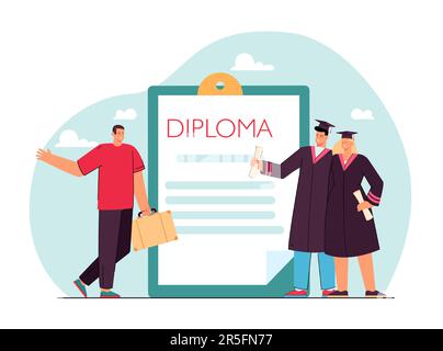 Kleiner Arbeitgeber und Studenten, die auf einem Diplom stehen Stock Vektor