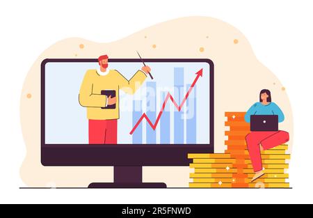 Winzige Schülerin, die sich einen Online-Vortrag auf einem großen Bildschirm ansieht Stock Vektor