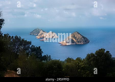 Blick auf die Beşadalar-Inseln von Kap Gelidonya, Lykische Art, Türkei Stockfoto