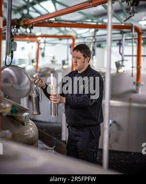 Ein Brennerarbeiter, der den Fermentationsprozess in der Whisky-Destillerie Tamnavulin, Ballindalloch, Banffshire, Schottland, überprüft, Stockfoto