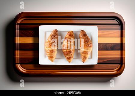 Frisch gebackene leckere Croissants. Draufsicht. französisches Gebäck. Stockfoto