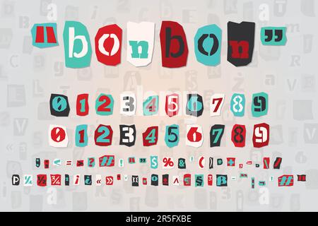 Farbige Lösegeld-Buchstaben, Zahlen und Satzzeichen aus Zeitungen und Zeitschriften. Klassische ABC-Kollektion. Rot, weiß, schwarz und Stock Vektor