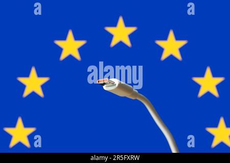 USB-C-Kabel mit der Flagge der Europäischen Union im Hintergrund Stockfoto