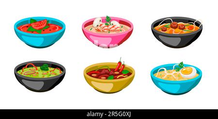 Set mit bunten Schüsseln Suppe Stock Vektor