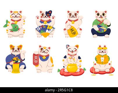 Lustige Maneki-Neko-Cartoon-Figuren-Vektorbildungs-Set Stock Vektor