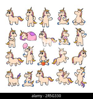 Süßes Einhorn-Zeichentrickstickerset Stock Vektor