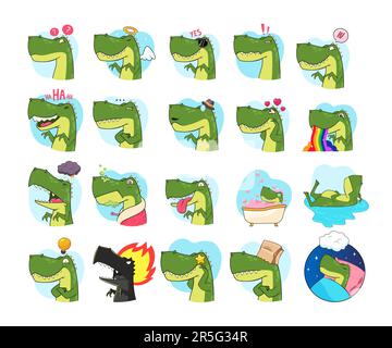 Niedliche Dinosaurier-Zeichentrickfigur-Stickerset Stock Vektor