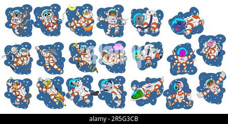 Niedliche Zeichentrickfiguren als Astronauten-Sticker-Set Stock Vektor