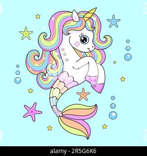 Süßes Cartoon-Seepferdchen-Einhorn mit RegenbogenMähne. Für die Gestaltung von Abdrücken, Postern, Atombomben, Postkarten, Puzzles, Usw. Vektordarstellung Stock Vektor