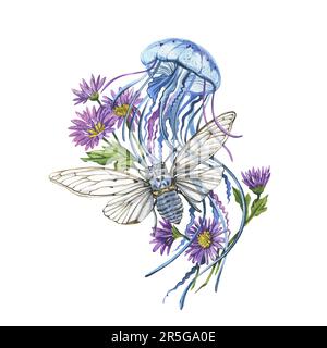 Blaue Quallen, Cicada und Chrysanthemen violette Blüten und Blätter isoliert auf weißem Hintergrund. Handgezeichnete Aquarell-Skizze. Kunst für de Stockfoto