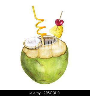 Cocktail grüne Kokosnuss Strandgetränk. Strohspirale, Ananas, Kirsche auf Spieß. Handgezeichnete Aquarelldarstellung isoliert auf weißem Hintergrund. Für Ba Stockfoto