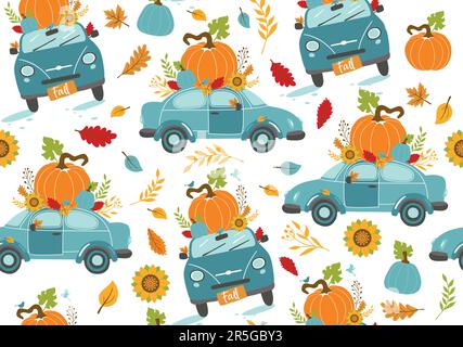 Herbstgrußkarte mit nahtlosem Muster, Auto und Kürbis, herabfallenden Blättern und Text Hallo Herbst . Hintergrund für die Herbstsaison. Poster mit Stock Vektor
