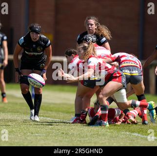 Gloucester, UK, 03. Juni 2023 Lizzie Goulden (Gloucester) spielt Ball während der Gloucester-Hartpury gegen Exeter Chiefs Allianz 15 in Alpas Arena Gloucester, Großbritannien am 03 2023. Juni Graham Glendinning / Graham Glendinning / Alamy Live News Endstand: 19 - 58 Kredit: Graham Glendinning / Alamy Live Sports/Alamy News Live Sports Stockfoto