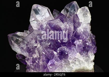 Leuchtend schöne Amethyst Druse auf dunklem Hintergrund Nahaufnahme. Ein Haufen Fliederkristalle Stockfoto