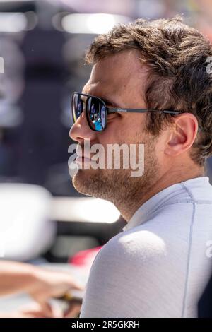 Detroit, MI, USA. 2. Juni 2023. DER INDYCAR-Fahrer DEVLIN Defrancesco (29) aus Toronto, Kanada, bereitet sich auf das Training für den Chevrolet Detroit Grand Prix in den Straßen der Innenstadt von Detroit in Detroit, MI, USA, vor. (Kreditbild: © Walter G. Arce Sr./ZUMA Press Wire) NUR REDAKTIONELLE VERWENDUNG! Nicht für den kommerziellen GEBRAUCH! Stockfoto