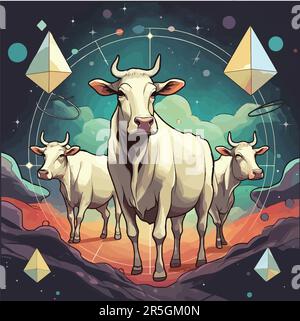 Drei weiße Kühe hängen im Weltraum, weiße Prismen schweben Stock Vektor