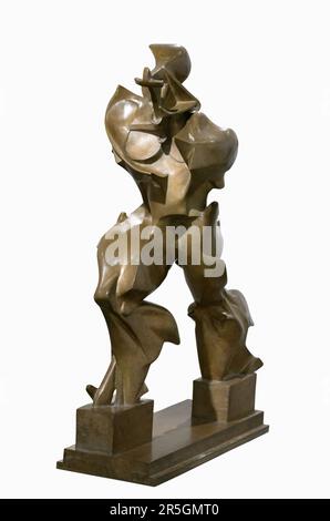 Bronzeanthropomorphe (menschenähnliche) Statue einzigartige Formen der Kontinuität im Weltall von Boccioni isoliert im Hintergrund Stockfoto