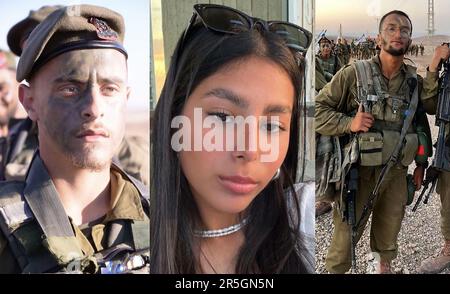 Von links nach rechts: Ohad Dahan, Lia Ben und Uri Yitzhak Iloz, die drei israelischen Soldaten, die am 3. Juni 2023 bei einem Angriff in der Nähe der Stadt Mitzpe Ramon in Israels südlicher Negev-Wüste an der Grenze zu Ägypten getötet wurden. Drei israelische Soldaten wurden bei einem Angriff nahe der ägyptischen Grenze getötet, nachdem ein Schütze in ägyptischer Polizeiuniform das Feuer eröffnet hatte, so israelische Beamte. Das ägyptische Militär sagte, dass Es Zu Einem Waffenkampf kam, als ein Mitglied der ägyptischen Sicherheitskräfte während der Jagd nach Drogenschmugglern den Sicherheitszaun mit Israel überquerte. Foto von IDF/UPI Stockfoto