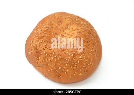 Runde, handgroße Hamburger-Brötchen, gebacken und mit Sesamsamen bedeckt, Brötchen ist eine Art Brötchen, in der Regel gefüllt mit herzhaften Füllungen, hergestellt aus fr Stockfoto