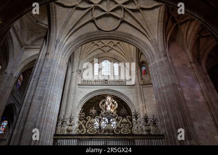 Segovia, Spanien, 03.10.21. Die Kathedrale von Segovia bietet einen symmetrischen Blick von innen auf die dekorativen gotischen Gewölbe mit Blumenschnitzereien und Buntglasfenstern. Stockfoto