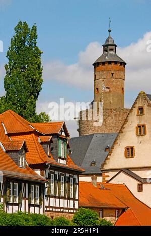 Altstadt, Fachwerkhäuser, Burgturm, Buedingen, Hessen, Deutschland Stockfoto