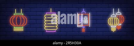 Chinesische festliche Laternen Neonschild-Set Stock Vektor