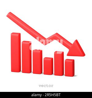 Roter Pfeil von Vektor 3D, der auf das Rohteilsymbol abgesenkt wird. Konkurs, Finanzmarktkollaps Symbol. Symbol für den Abwärtstrend des Diagramms. Karte geht nach unten. Realistisch 3D Stock Vektor