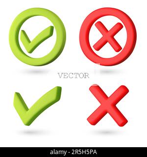 Vektor 3D-Symbole mit grünem Häkchen und rotem Kreuz. Tasten zum Bestätigen und Ablehnen. Vektordarstellung von 3D realistischen rechten und falschen Symbolen. Isolieren Stock Vektor