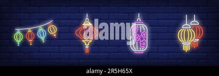 Östliche festliche Laternen, Neonschild-Set Stock Vektor