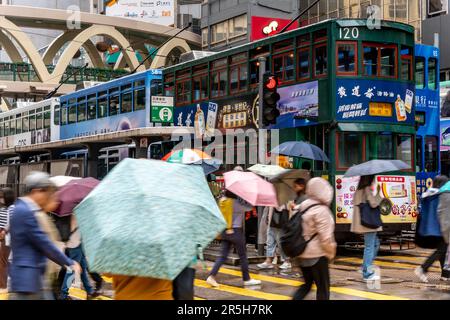 Normale Leute aus Hongkong unterwegs während Eines Gewitters, Causeway Bay, Hongkong, China. Stockfoto