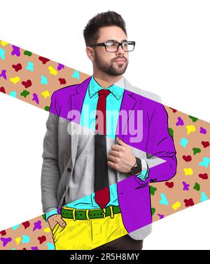 Porträt eines Menschen auf weißem Hintergrund. Collage mit Foto und Zeichnung, Comics-Stil Stockfoto