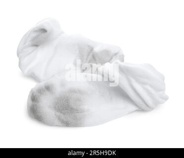 Ein Paar schmutzige Socken auf weißem Hintergrund Stockfoto