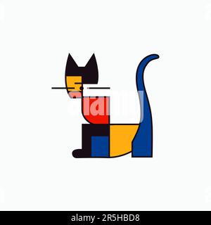 Lebendiges abstraktes Katzenlogo im De Stijl-Stil. Modernes, flaches Design mit geometrischem Gitter, Primärfarben. Branding, Kunst, Unternehmensidentität Stock Vektor