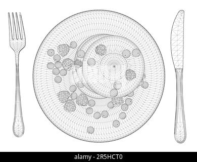 Drahtmodell aus Keksen mit Beeren auf einem Teller mit Löffel und Gabel, mit schwarzen Linien isoliert auf weißem Hintergrund. Nachtisch mit Himbeeren. Ansicht von Stock Vektor