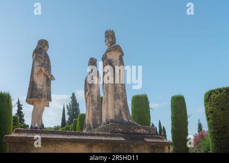 Katholische Könige und Kolumbus-Denkmal in Alcazar de los Reyes Cristianos - Cordoba, Andalusien, Spanien Stockfoto