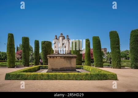 Katholische Könige und Kolumbus-Denkmal in Alcazar de los Reyes Cristianos - Cordoba, Andalusien, Spanien Stockfoto