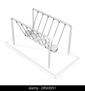 Drahtdarstellung des kinetischen Pendels von Newton aus schwarzen, auf weißem Hintergrund isolierten Linien. Isometrische Ansicht. 3D. Vektordarstellung. Stock Vektor