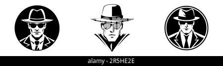 Eine Reihe von Detektivbüro-Emblemen mit abstrakten Männerköpfen in Hüten. Vektordarstellung im Vintage-Stil. Stock Vektor
