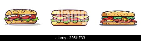 Auswahl an köstlichen, saftigen Sandwiches gefüllt mit Gemüse, Käse, Fleisch, Speck. Vektordarstellung im flachen Cartoon-Stil. Stock Vektor