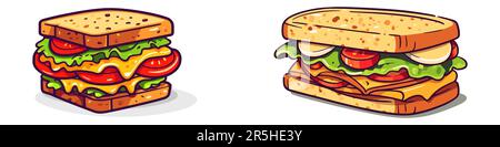 Auswahl an köstlichen, saftigen Sandwiches gefüllt mit Gemüse, Käse, Fleisch, Speck. Vektordarstellung im flachen Cartoon-Stil. Stock Vektor