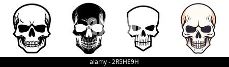 Set von Schädeln, isoliert auf weißen Halloween-Elementen. Vektordarstellung Stock Vektor