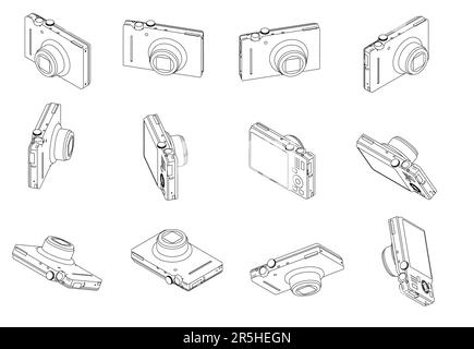 Legt die Konturen der Kamera in verschiedenen Positionen fest, von schwarzen Linien auf weißem Hintergrund isoliert. 3D. Vektordarstellung. Stock Vektor