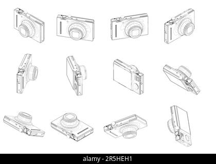 Legt die Konturen der Kamera in verschiedenen Positionen fest, von schwarzen Linien auf weißem Hintergrund isoliert. 3D. Vektordarstellung. Stock Vektor
