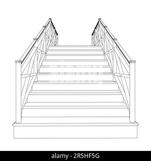 Umriss der Treppe von schwarzen Linien isoliert auf weißem Hintergrund. Ansicht von unten. 3D. Vektordarstellung. Stock Vektor