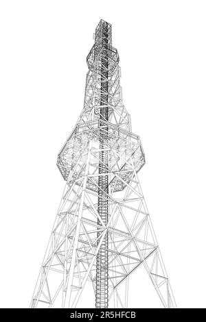Umriss eines hohen Turms für die Kommunikation von schwarzen Linien, isoliert auf weißem Hintergrund. Ansicht von unten. 3D. Vektordarstellung. Stock Vektor