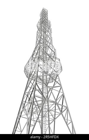 Polygonales Modell eines hohen Kommunikationsturms isoliert auf weißem Hintergrund. Ansicht von unten. 3D. Vektordarstellung. Stock Vektor