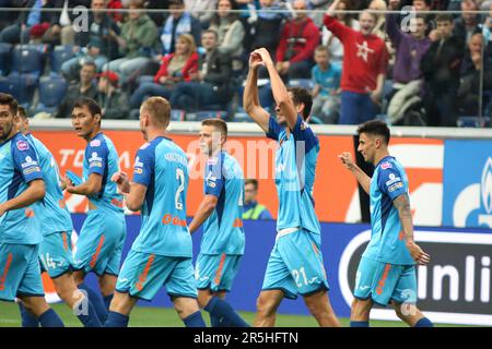 Sankt Petersburg, Russland. 03. Juni 2023. Nuraly Alip (Nr.28), Dmitri Chistyakov (Nr.2), Gustavo Mantuan (Nr.31), Aleksander Erokhin (Nr.21) von Zenit in Aktion während des Fußballspiels der russischen Premier League zwischen Zenit St. Petersburg und Fakel Voronezh in der Gazprom Arena. Das Team des FC Zenit gewann gegen Fakel Voronezh mit einem Endstand von 1:0. Kredit: SOPA Images Limited/Alamy Live News Stockfoto