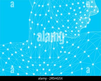 Drahtmodell von Gesicht und Hals eines Mädchens, das von weißen Linien auf blauem Hintergrund zur Seite blickt. Vektordarstellung. Stock Vektor